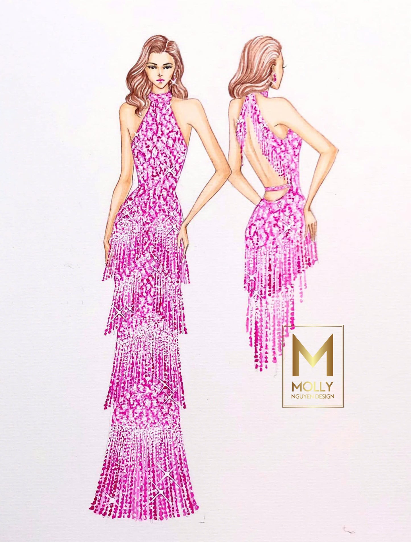 Evening dress full beads with tassels on