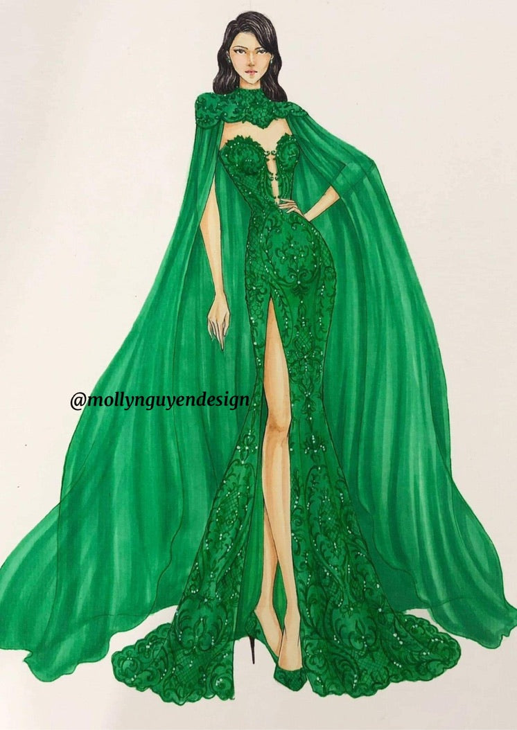 Green Evening gown with cape