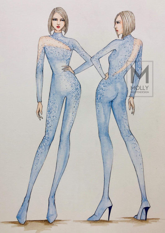 Blue crystals Body Suits fashion wear