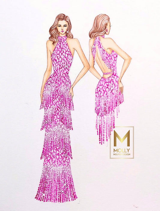Evening dress full beads with tassels on