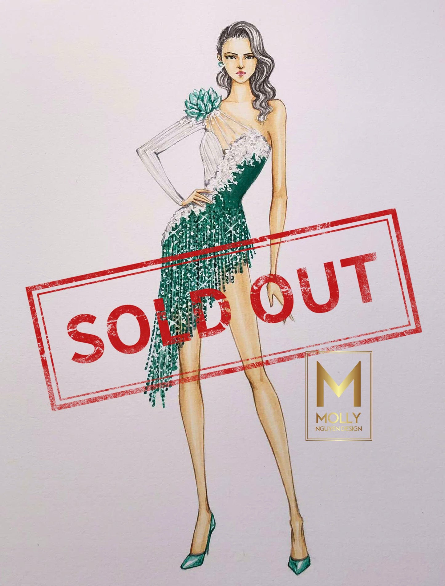 Fashion Wear one shoulder white and green color